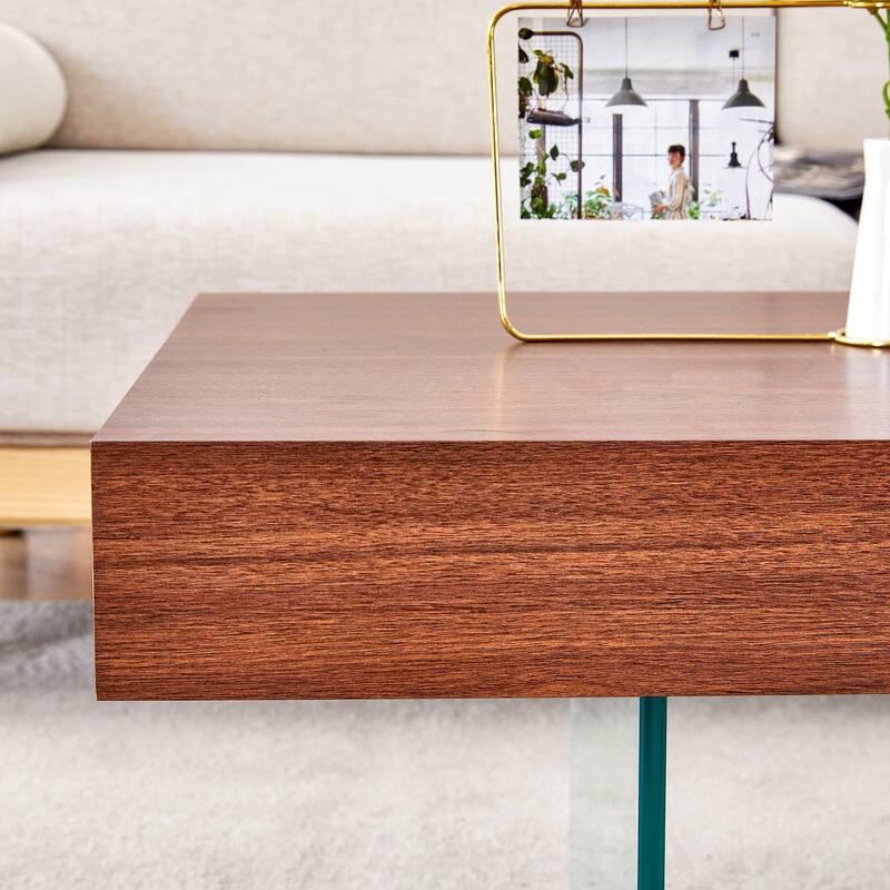 Walnut Colored MDF Coffee Table - 39.3"x21.6" with Tempered Glass Legs.Density Board Sticker,Reinforced Glass Legs.Walnu