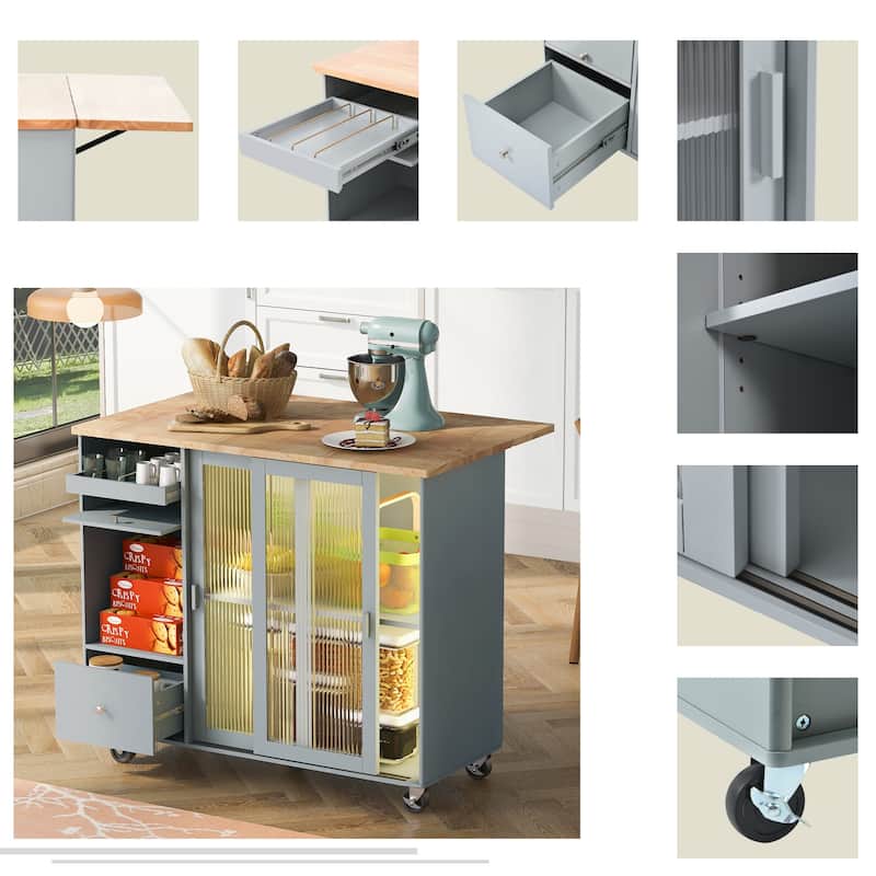 Kitchen Island with Drop Leaf, LED Light, Fluted Glass Doors, Adjustable Shelf, Two Drawers, and Wheels