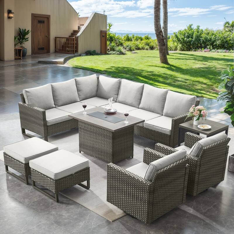 Wicker Patio Conversation Set with Fire Pit Table - Beige - Grey