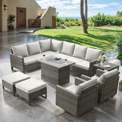 Wicker Sofa Glider Chair and Fire Pit Table- Beige cushion - Grey