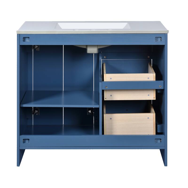 36" Modern Bathroom Vanity with Ceramic Sink, 2 Drawers & Shelf Storage Cabinet, Blue MDF & Solid Wood