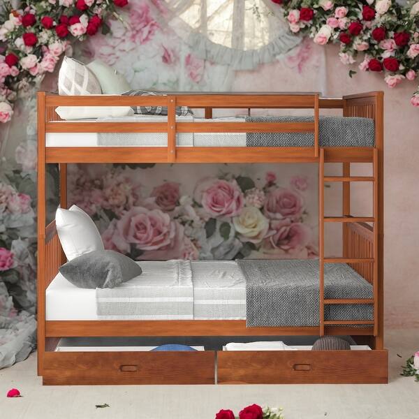 slide 2 of 36, Full over Full Bunk Bed With Ladders and Two Storage Drawers for Bedroom Walnut