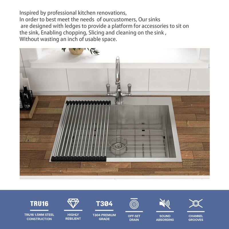 33 Inch Drop In Sink - Kitchen Sink Drop in Topmount Single Bowl Sink 16 Gauge Stainless Steel Kitchen Sink Basin