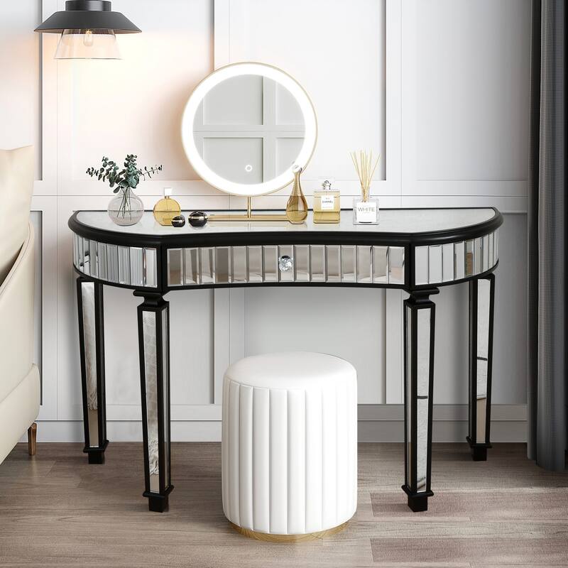 47" Half-Moon Mirrored Console Table with Crystal Knob Drawer