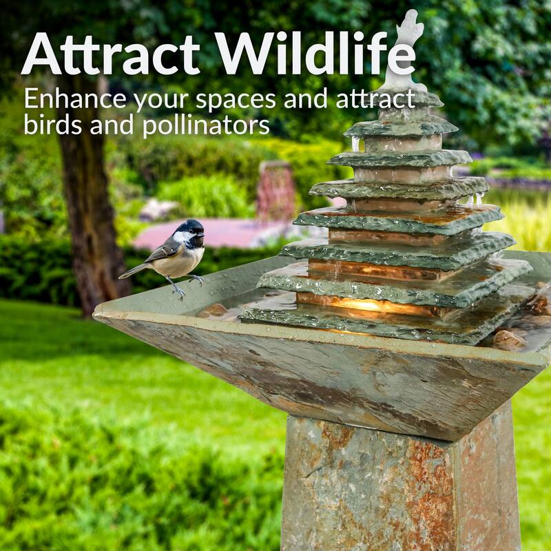 Sunnydaze Layered Pyramid Slate Outdoor Fountain with LED Light - 40"