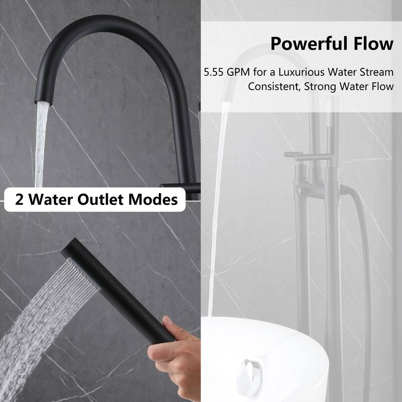 2-Handle 2-Hole Freestanding Tub Faucet with Hand Shower in Black/Gold