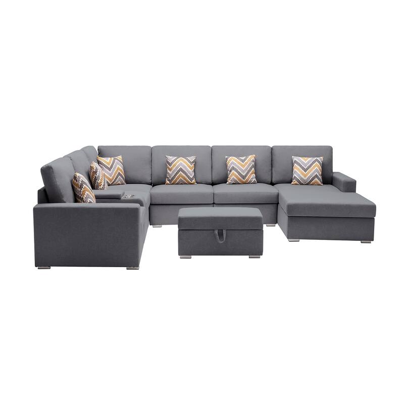 Linen Fabric 8 Piece U-Shaped Reversible Chaise Sectional Sofa with Interchangeable Legs and 6 Pillows - Gray