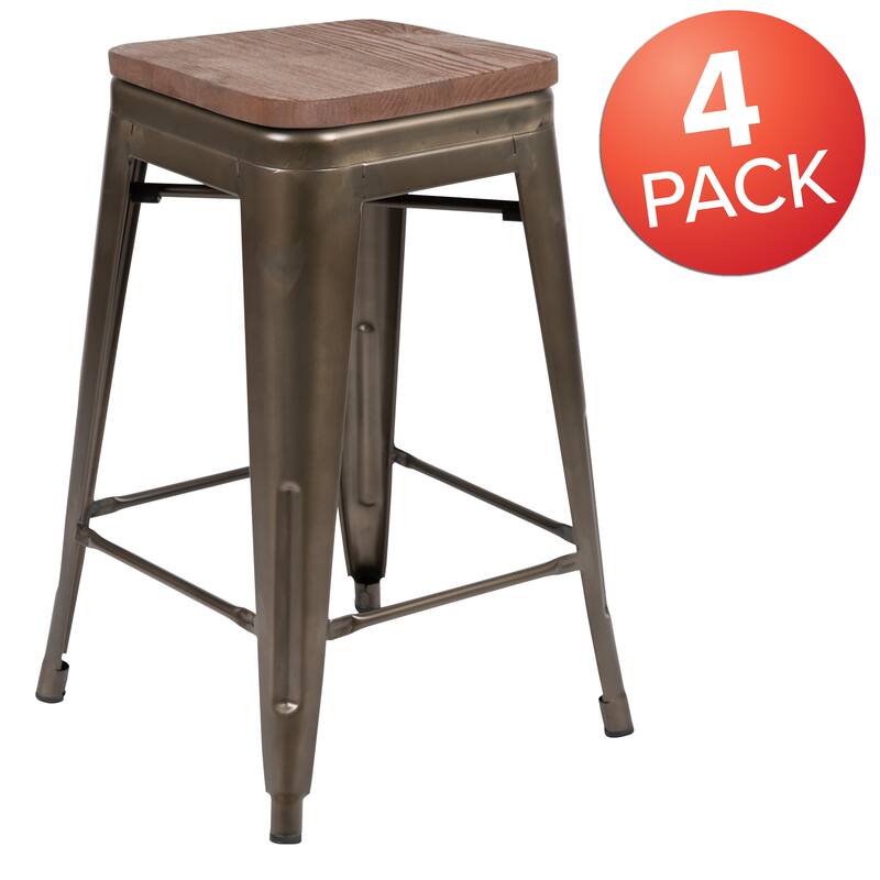 4 Pack 24" High Metal Indoor Counter Bar Stool with Wood Seat - Stackable Stool