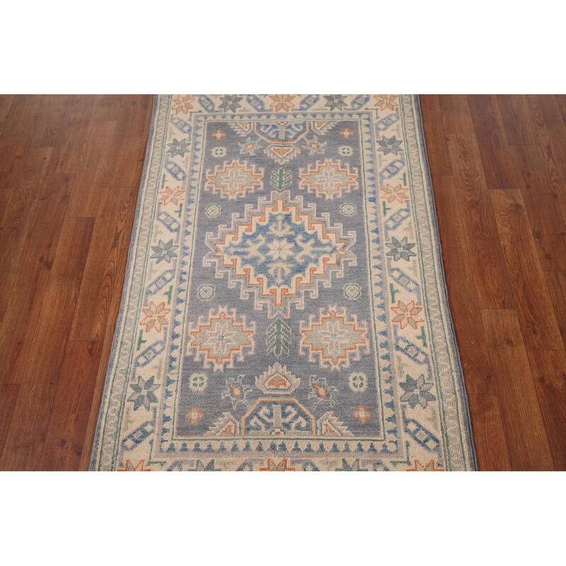 Geometric Kazak Accent Rug Hand-Knotted Grey Wool Carpet - 2'7" x 4'2"