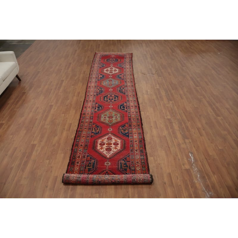 Hand Knotted Oriental 100% Wool Carpet Traditional Geometric Red Heriz Runner Rug - 17' 1'' X 3' 3''