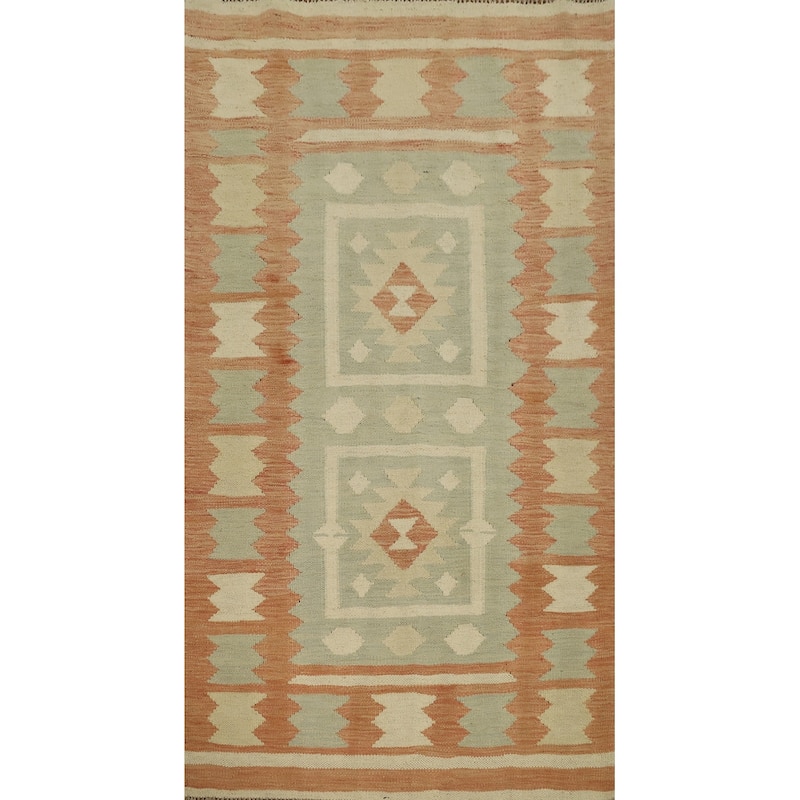 Hand Woven Oriental 100% Wool Carpet Southwestern Tribal Green Kilim Area Rug - 5' 3'' X 3' 0''