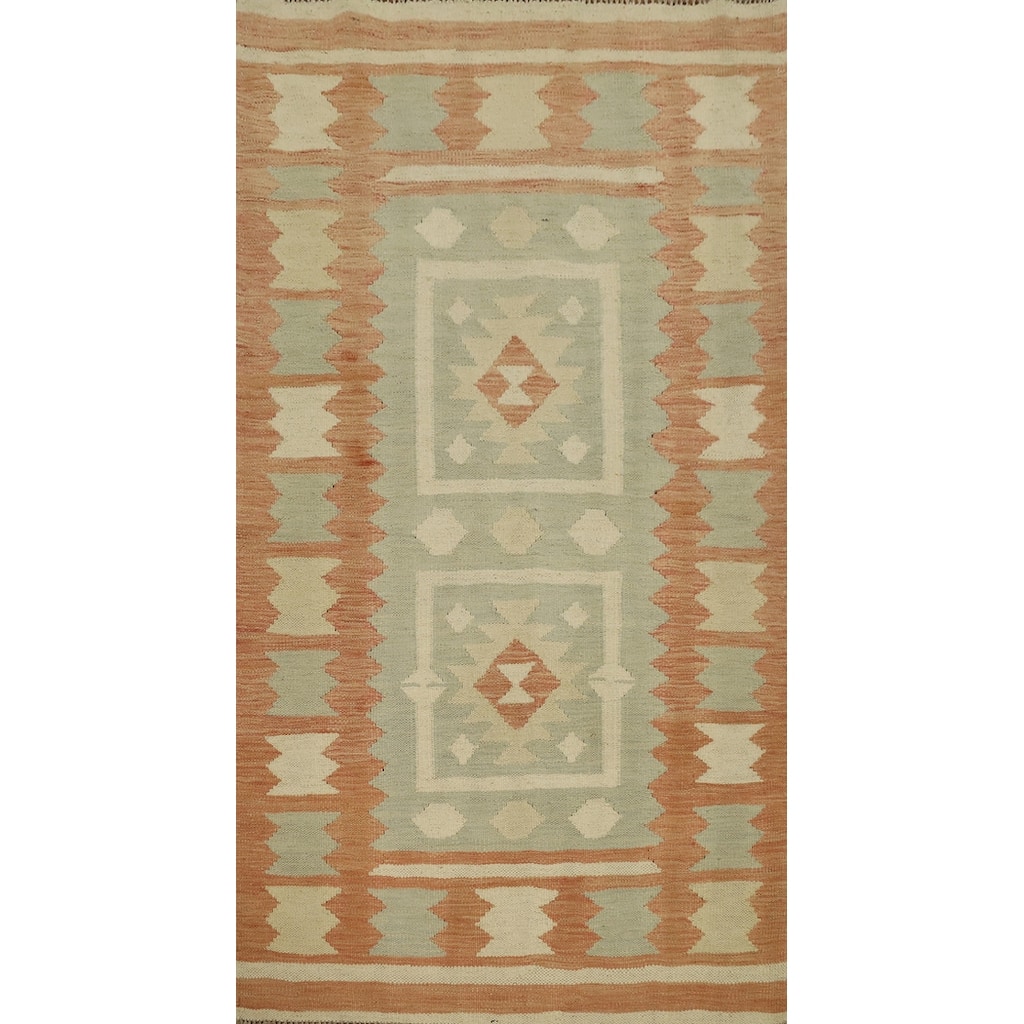 Hand Woven Oriental 100% Wool Carpet Southwestern Tribal Green Kilim Area Rug - 5' 3'' X 3' 0''