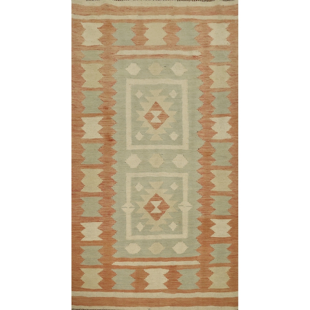 Hand Woven Oriental 100% Wool Carpet Southwestern Tribal Green Kilim Area Rug - 5' 3'' X 3' 0''