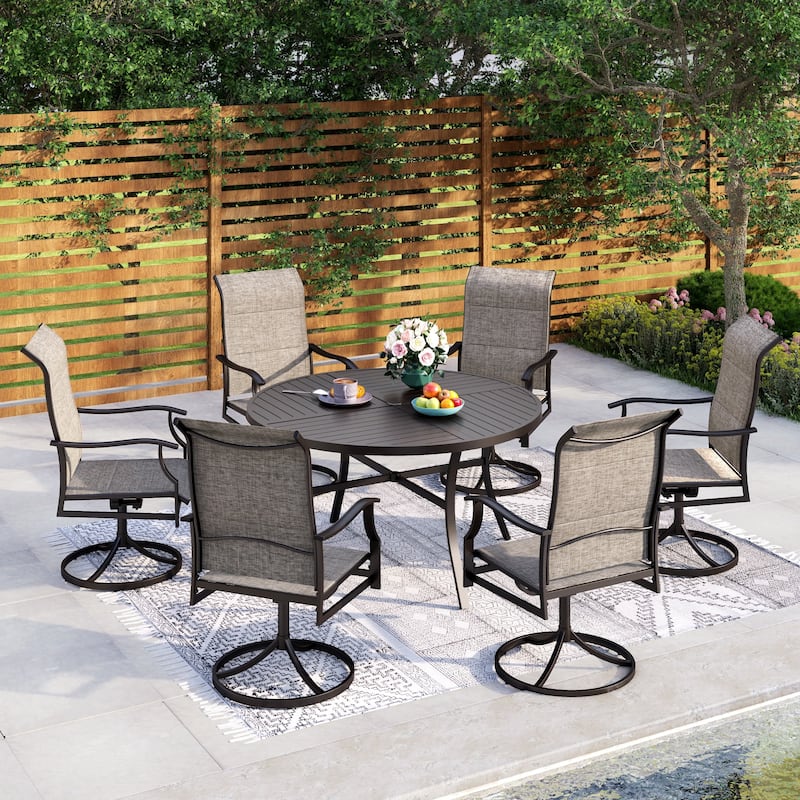MAISON ARTS 5/7 Pieces Outdoor Patio Dining Set with Umbrella-hole RoundTable and Textilene Dining Chairs - Large Table