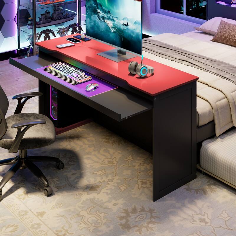 Wood Daybed with Trundle & Built-in Desk, LED Lights & USB Charging Port, Available in Full or Twin