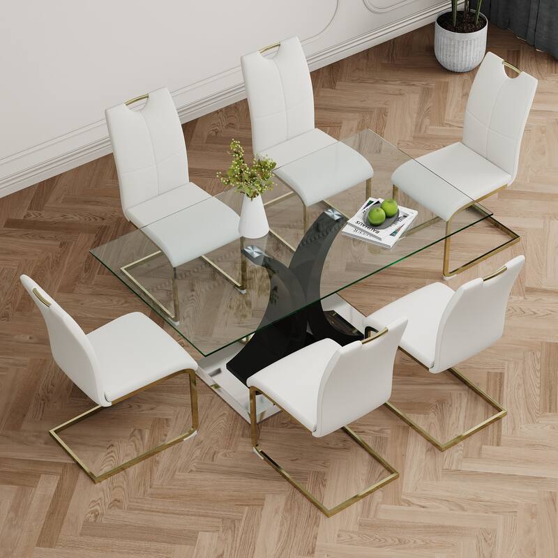 Modern Style Glass Table Set,Elegant Transparent Design Set of 7
