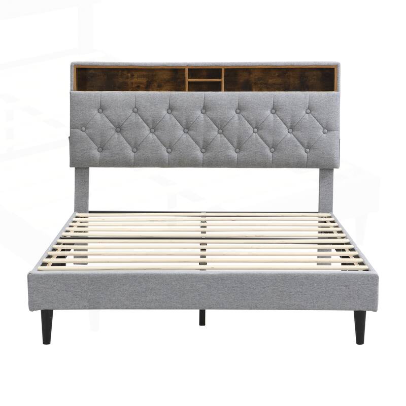 Modern Platform Bed Frame with Tufted Headboard and Multiple Functionalities