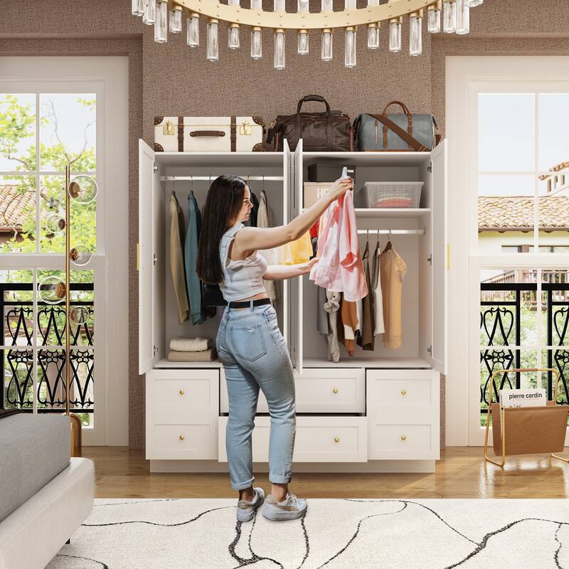 White Wardrobe Closet with Gold Handles - Modern Storage Cabinet with Drawers