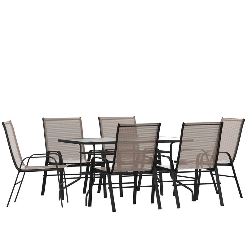 7-Piece Rippled Glass Outdoor Patio Table and Stacking Chairs Set