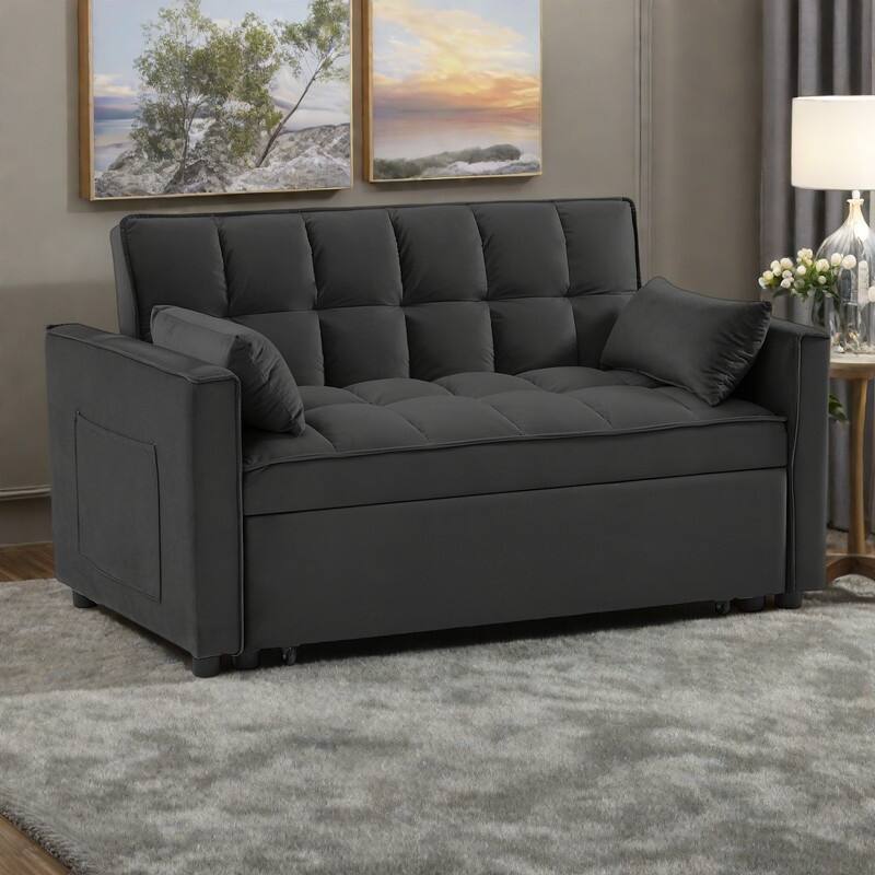 55.2" Velvet 2-in-1 Convertible Sofa Bed with Adjustable Backrest - Black