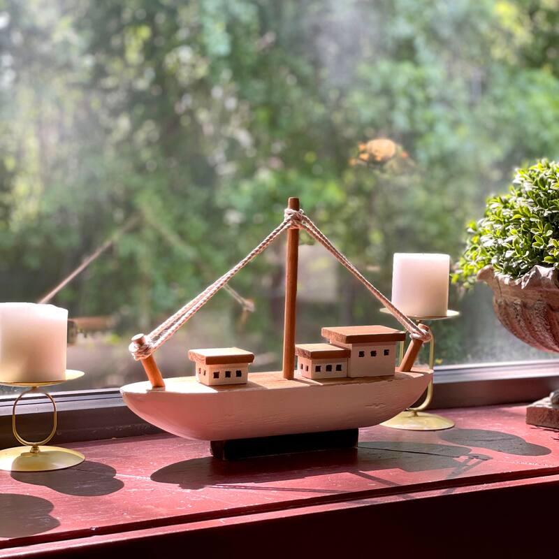 13.5In Wood Fishing Boat Statue Nautical Decor Handcrafted Ship Modell - 9.75 X 13.5 X 3.25 inches