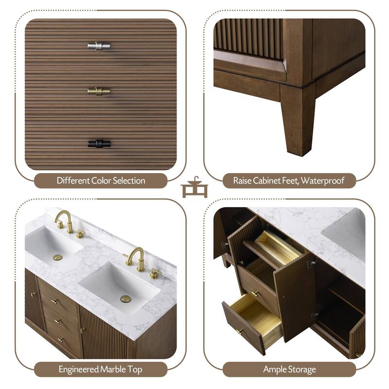 Vanity Art 60" Freestanding Bathroom Vanity with Engineered Marble Top and Sinks