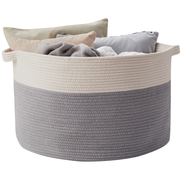 Throw Blanket Storage Basket 22 x 22 x 14 for Pillows in Living Room Woven Baby Laundry Basket with Handle Nursery Basket Soft Toy Storage Basket Brown & White Large Cotton Rope Basket 