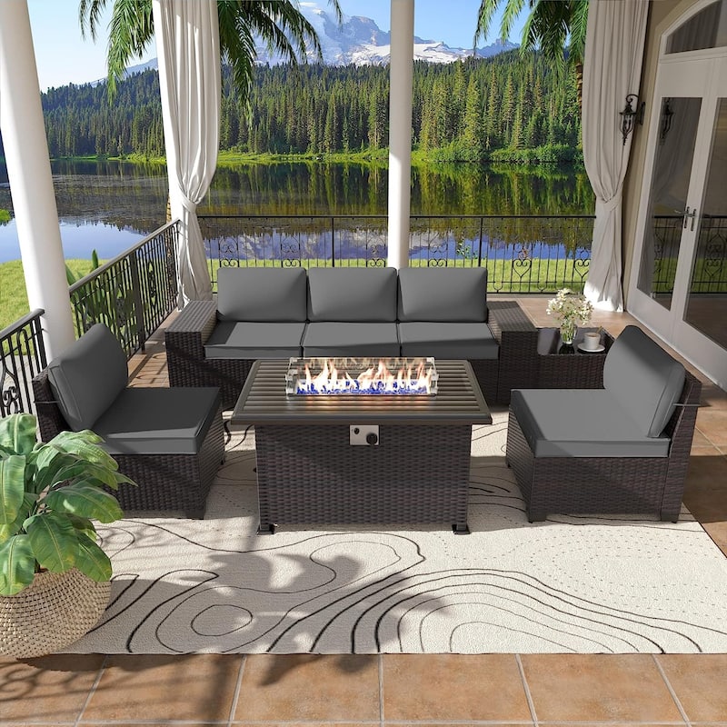 Delnavik 7 Pieces Rattan Outdoor Patio Furniture Sofa Set with Firepit - 7 pcs - Grey