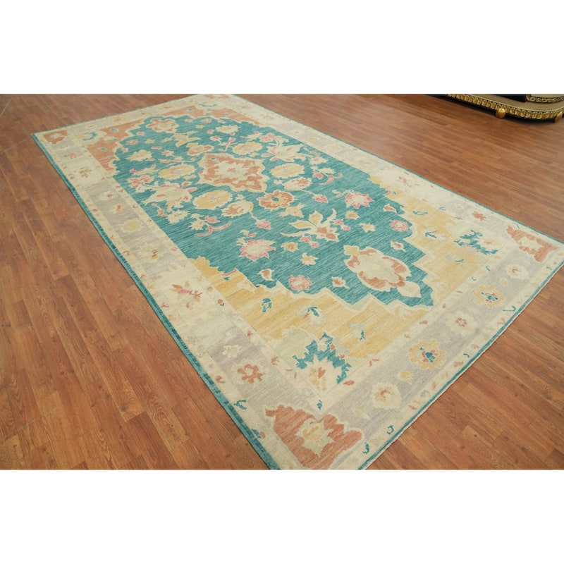 Vegetable Dye Wool Oushak Turkish Area Rug, Floral Geometric Carpet - 12' 10'' X 6' 11''