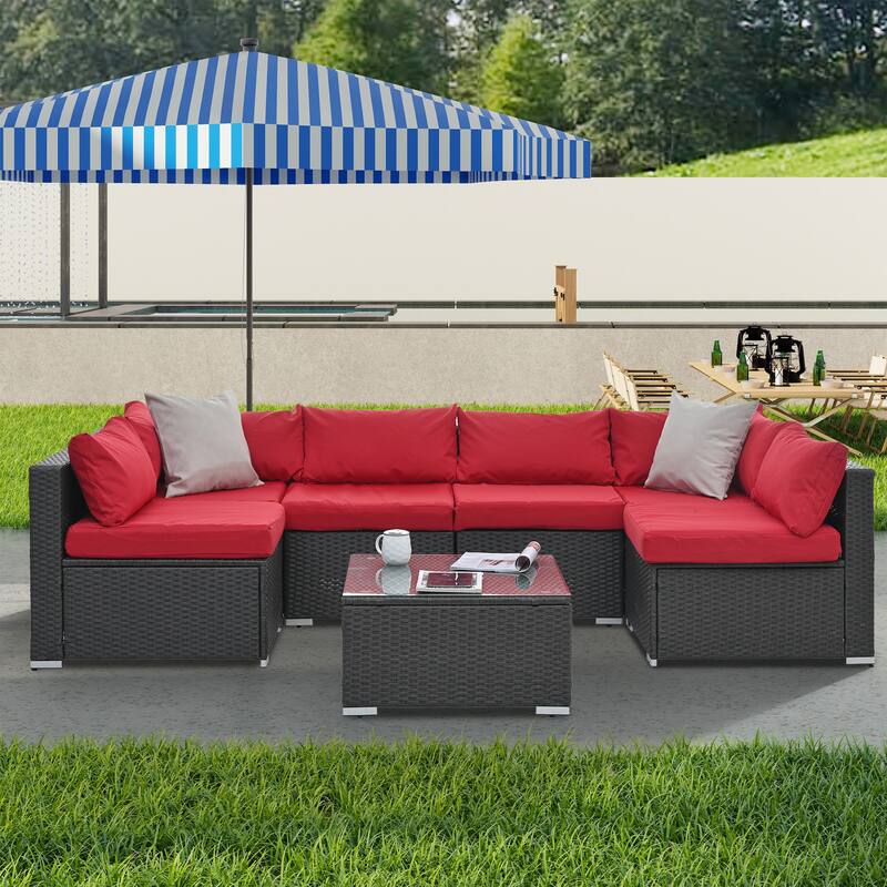 7-piece Outdoor Patio Sectional Set with Glass Table