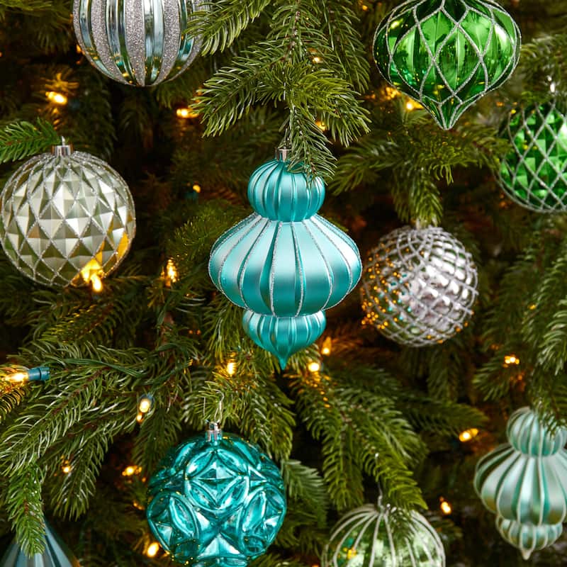 12ct Green Blue Silver Shatterproof 3-Finish Christmas Ornament 4"