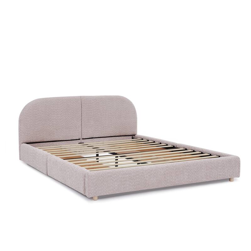 Queen Size Upholstered Bed Frame Modern Minimalist Style - Circle Yarn Fabric, Tall Curved Headboard