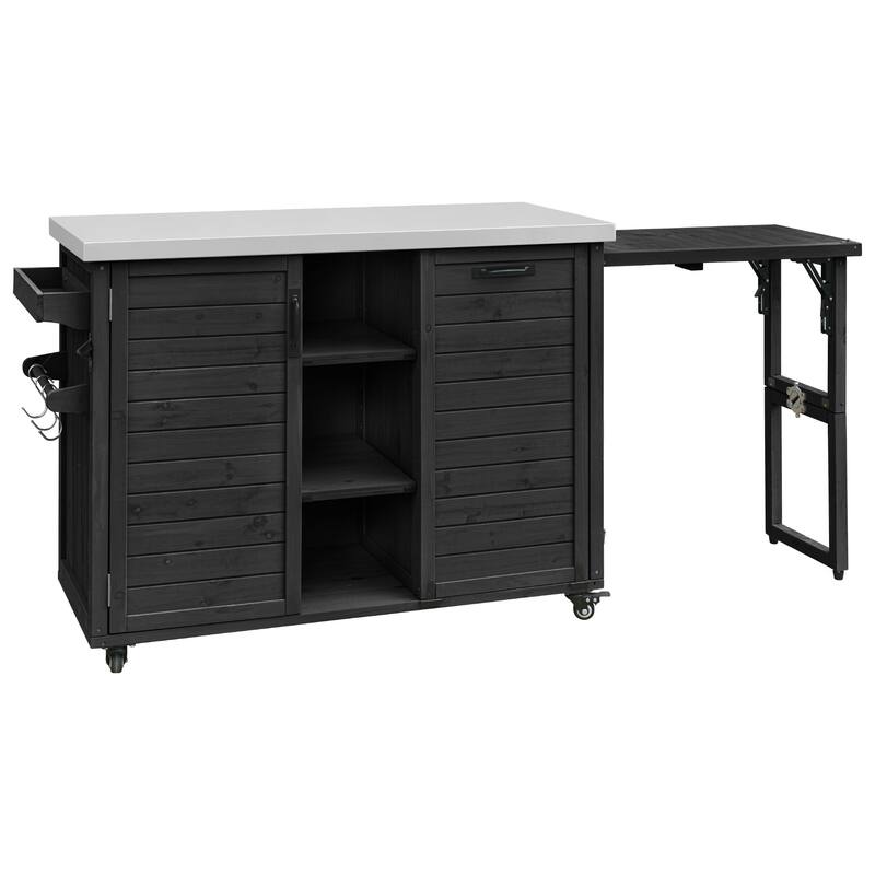 78.3" Outdoor Kitchen Island with Foldable Grill Table, Wooden Cart with Trash Storage & Stainless Steel Top for Lawn & Garden
