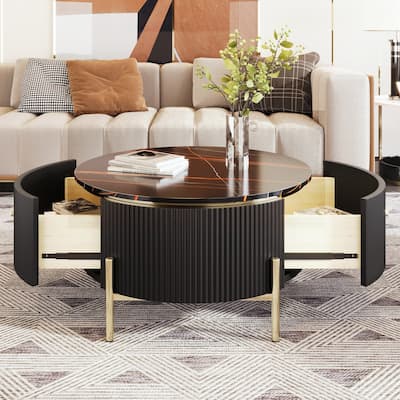 Modern Round Coffee Table with 2 large Drawers Storage Accent Table