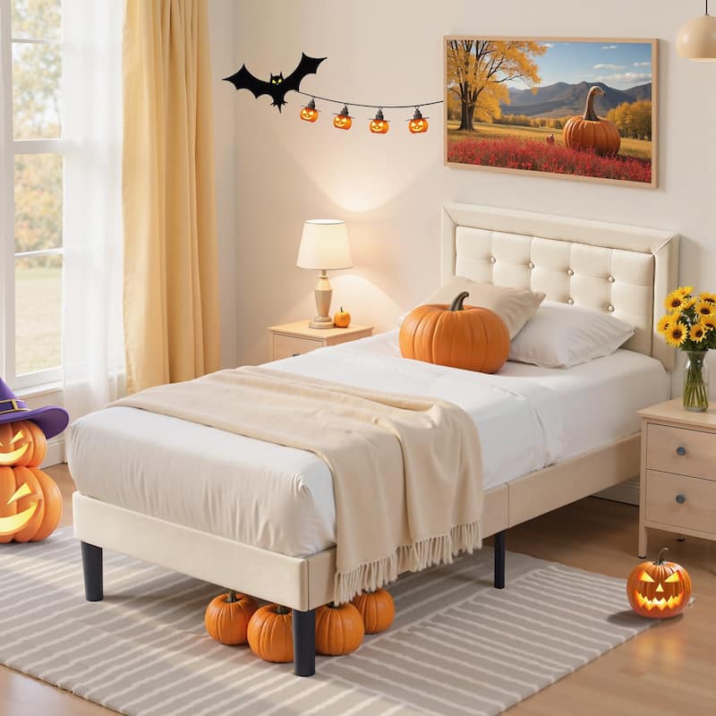 VECELO Bed Frame with Adjustable Headboard Upholstered Button Tufted Platform Bedframe with Wood Slats Support