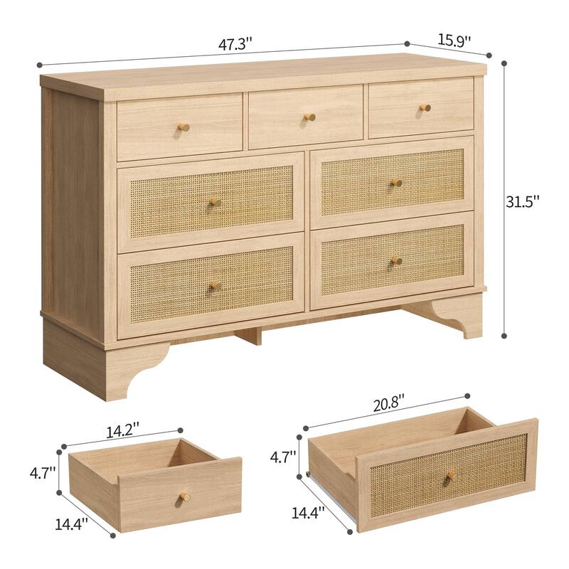 Dresser for Bedroom with 7 Drawers, 7 Drawers Double Dresser, 47.3'' Wide Wood Chest of Drawers with Wood Drawer