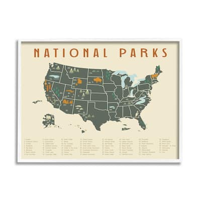 Stupell United States National Parks Adventure Map Green Orange Framed Wall Art - White