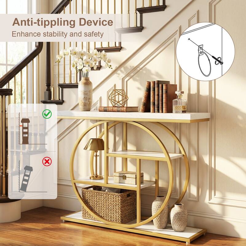 Gymax 4-Tier Console Table w/Storage Shelves Circle Base Accent Behind