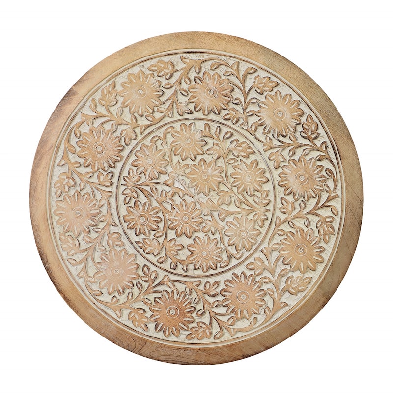 Intricately Carved Round Top Mango Wood Side End Table with Pedestal Base, Brown and White