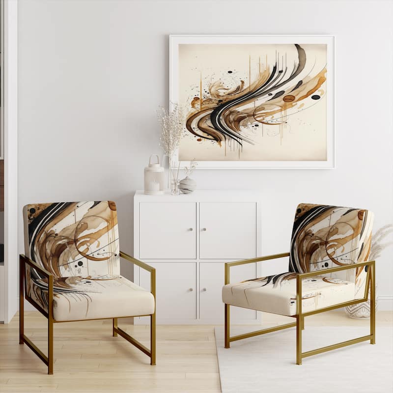 Designart "Brown And Black Movement I" Upholstered Modern & Contemporary Accent Chair and Modern & Contemporary Arm Chair - Arm Chair - Gold Metal