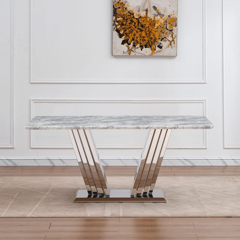 70'' Rectangle Faux Marble Dining Table with Mirrored Finish Stainless Steel Base - Grey+Silver