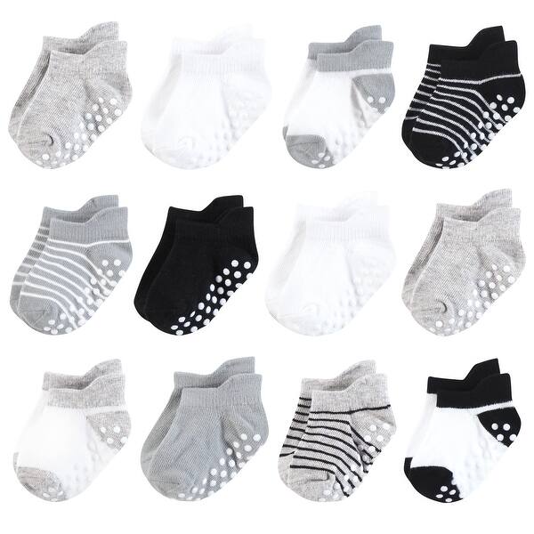 slide 1 of 1, Hudson Baby Infant Boy Non-Skid No-Show Socks, Black Gray Stripes 0-6 Months - Black Gray Stripes
