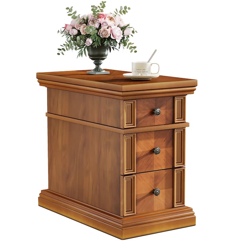 Slim End Side Table Wood Nightstand with 3 Drawers for Living Room