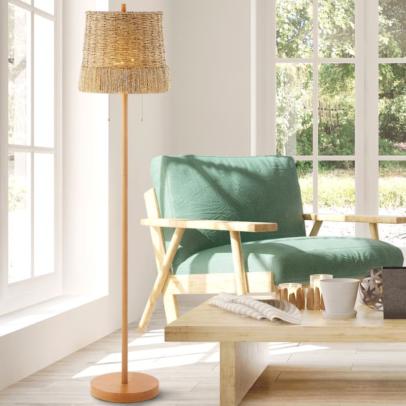 Nando 61" 2-Light Coastal Bohemian Iron/Rattan LED Floor Lamp with Pull-Chain, Brown Wood Finish by JONATHAN Y