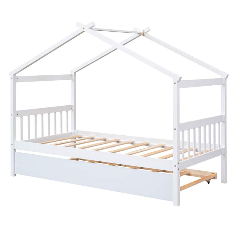 Twin/Full House Bed with Pull-Out Trundle, Solid Pine Wood Frame for Sleepovers