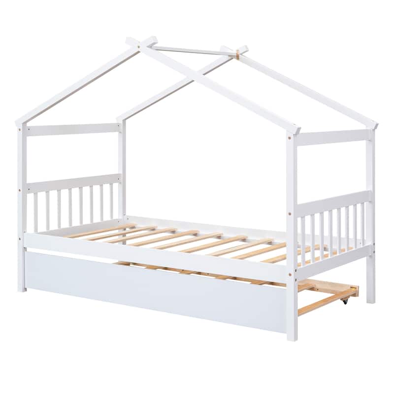 Whimsical House Bed, Twin Size Wooden House Bed with Trundle, Solid ...