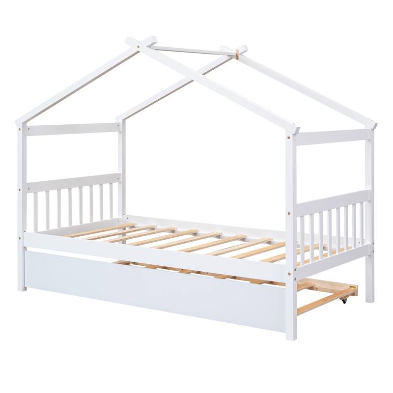Whimsical House Bed, Twin Size Wooden House Bed with Trundle, Solid Pine Construction Bed Bath