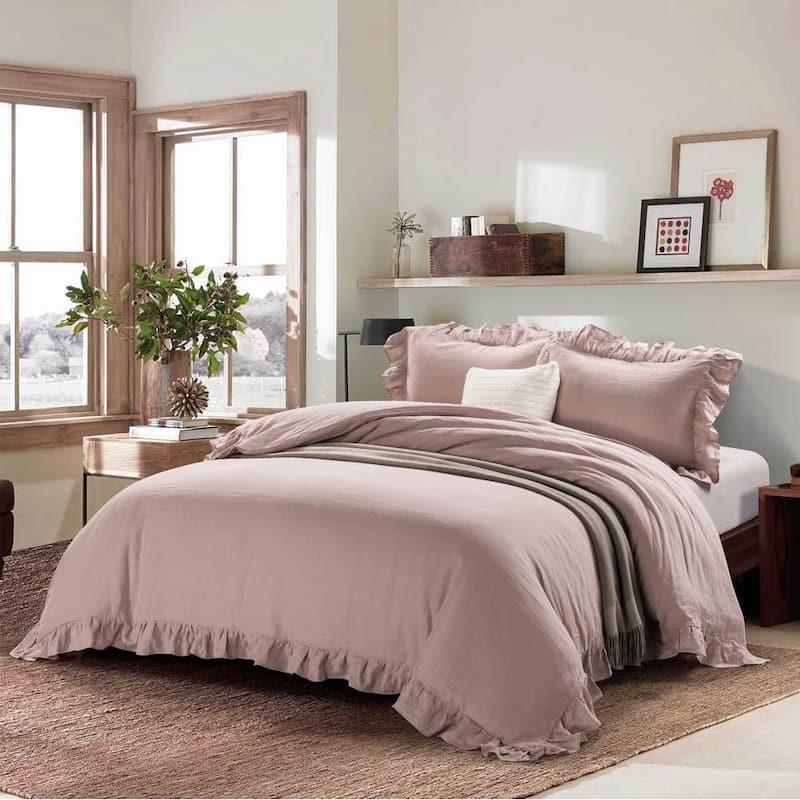 WHOLINENS Stone Washed French Linen Duvet Cover Set Ruffle Style