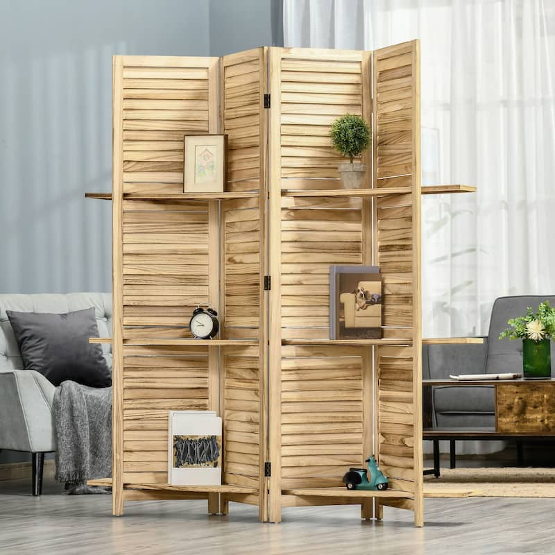 Versatile 4-Panel Folding Room Divider with Storage Shelves for Enhanced Organization and Aesthetic Appeal - Natural Wood