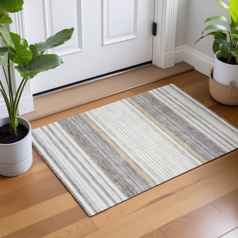 Machine Washable Indoor/ Outdoor Modern Stripes Chantille Rug